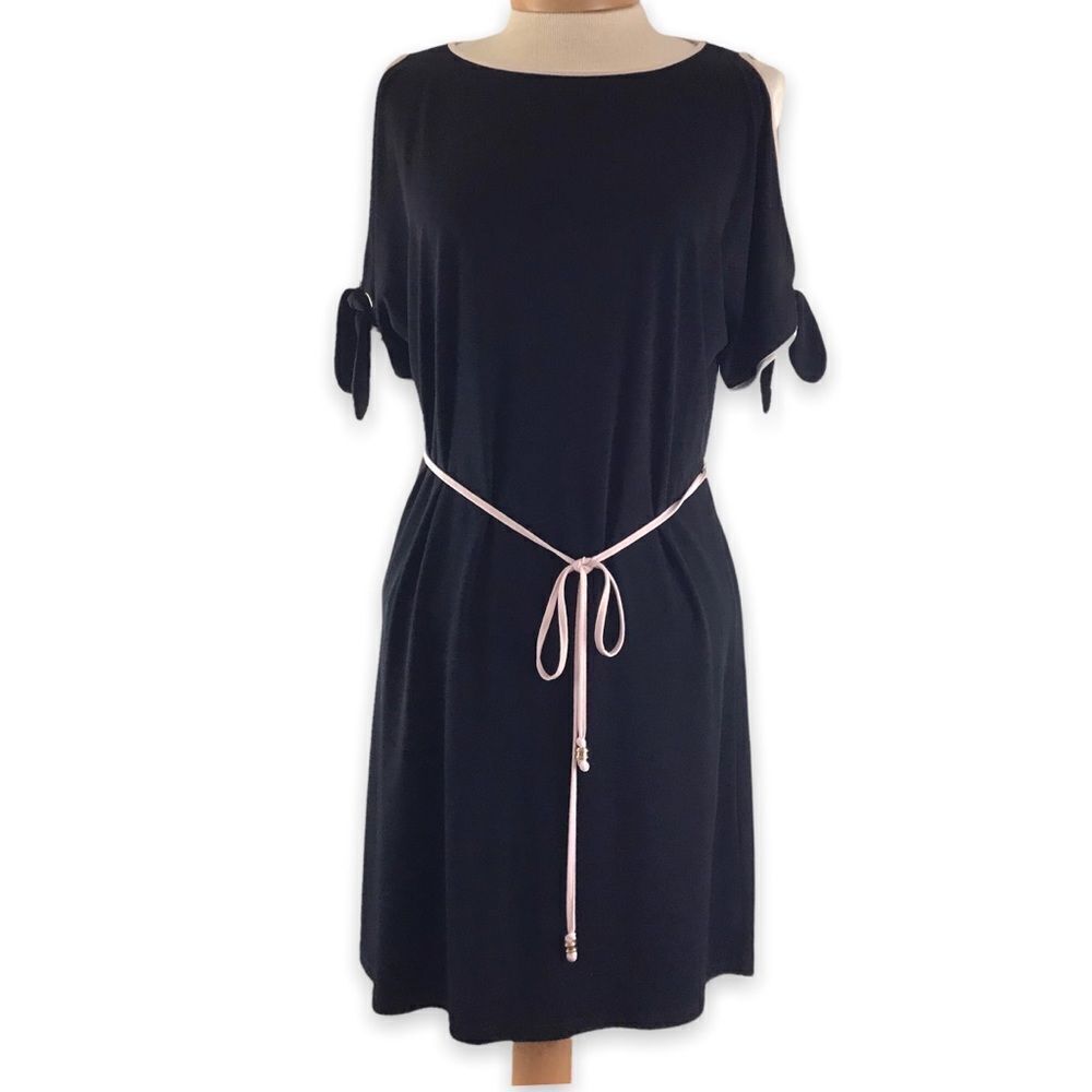 Ivanka Trump black dress with soft pink trim and tie belt